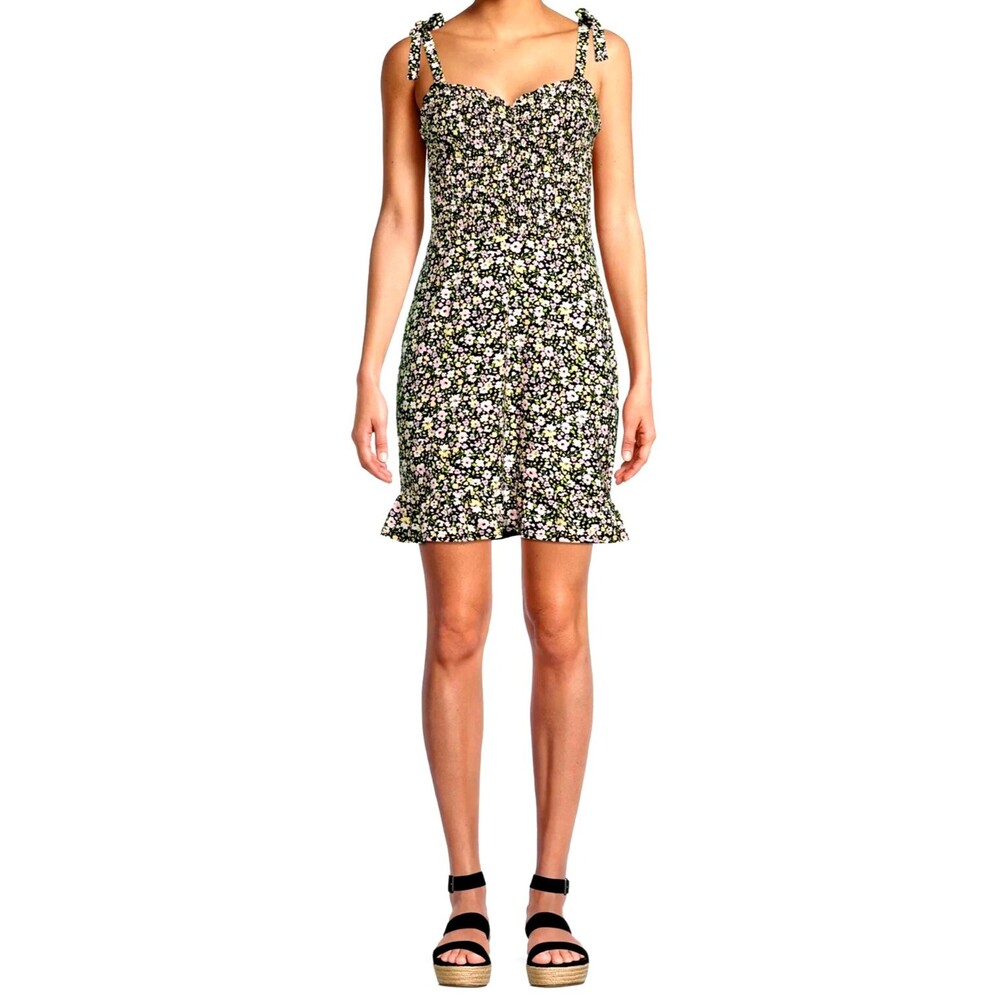 AUW Smocked Bodycon Baby Doll Dress Sz Medium Black Floral Print